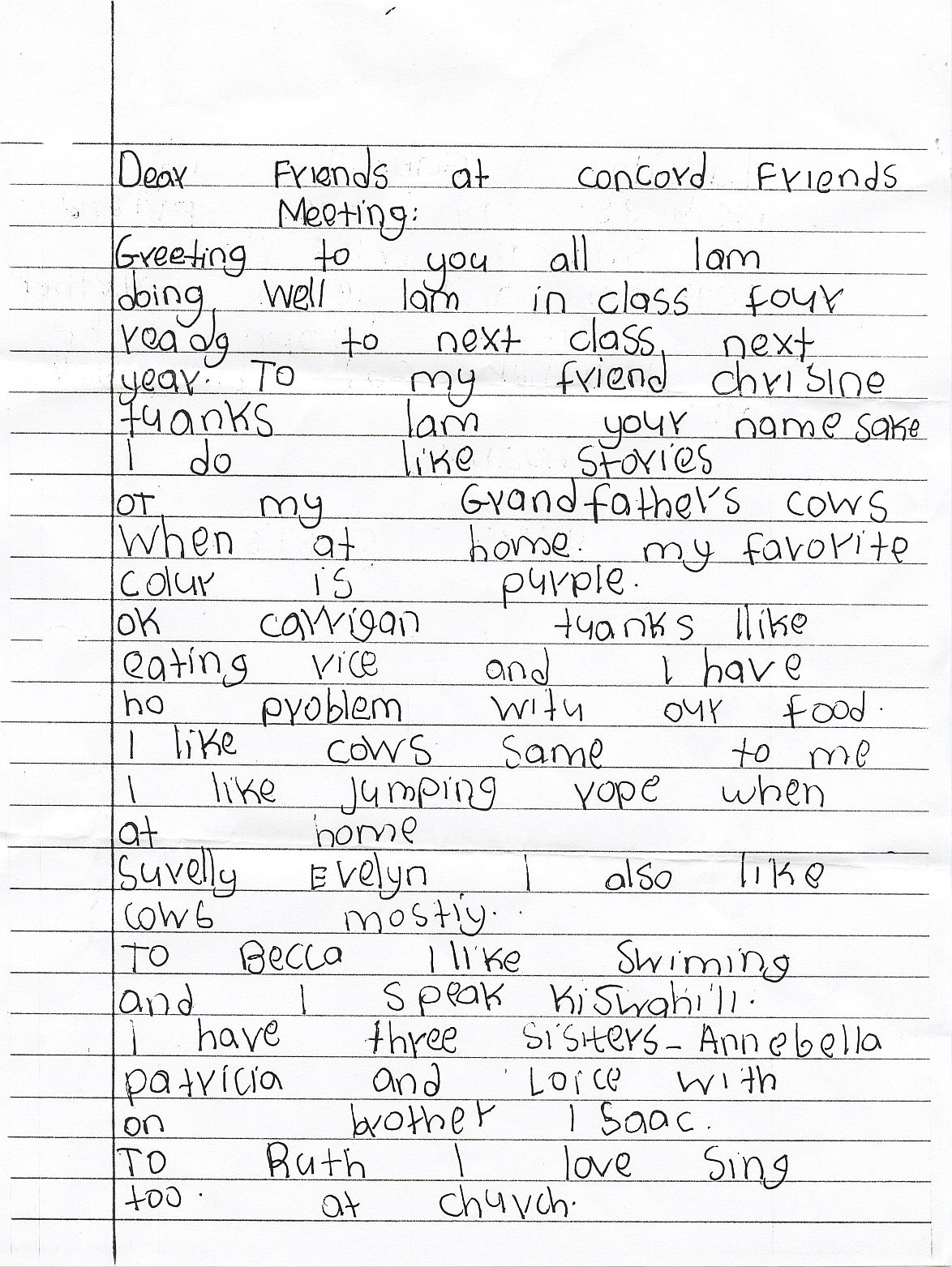 Page 1 of letter from Christine at Kakamega School, Kenya